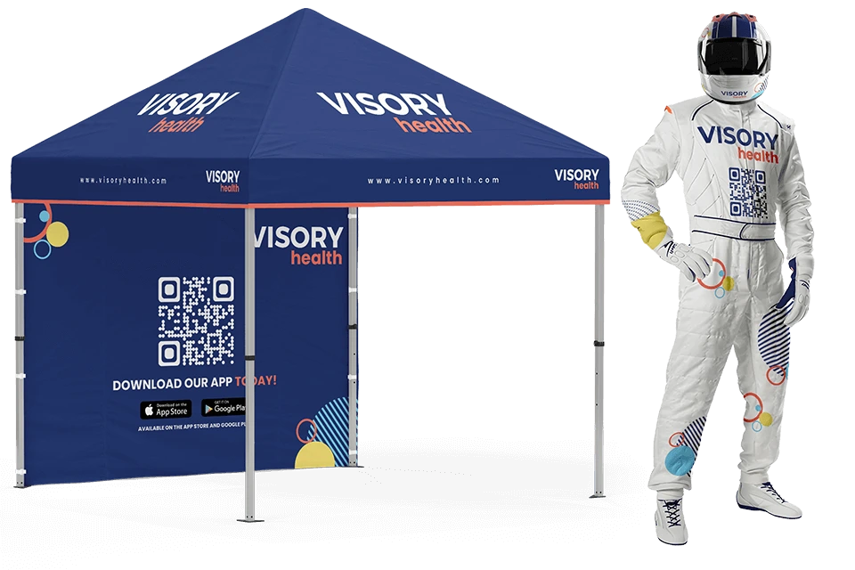 Visory Health Popup Tent and Nascar Mascot mockup